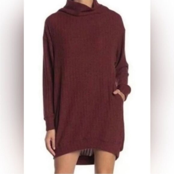 LUSH | Soft Ribbed Women’s Knit Cowl Neck Burgundy Red Sweater Dress - Picture 1 of 14